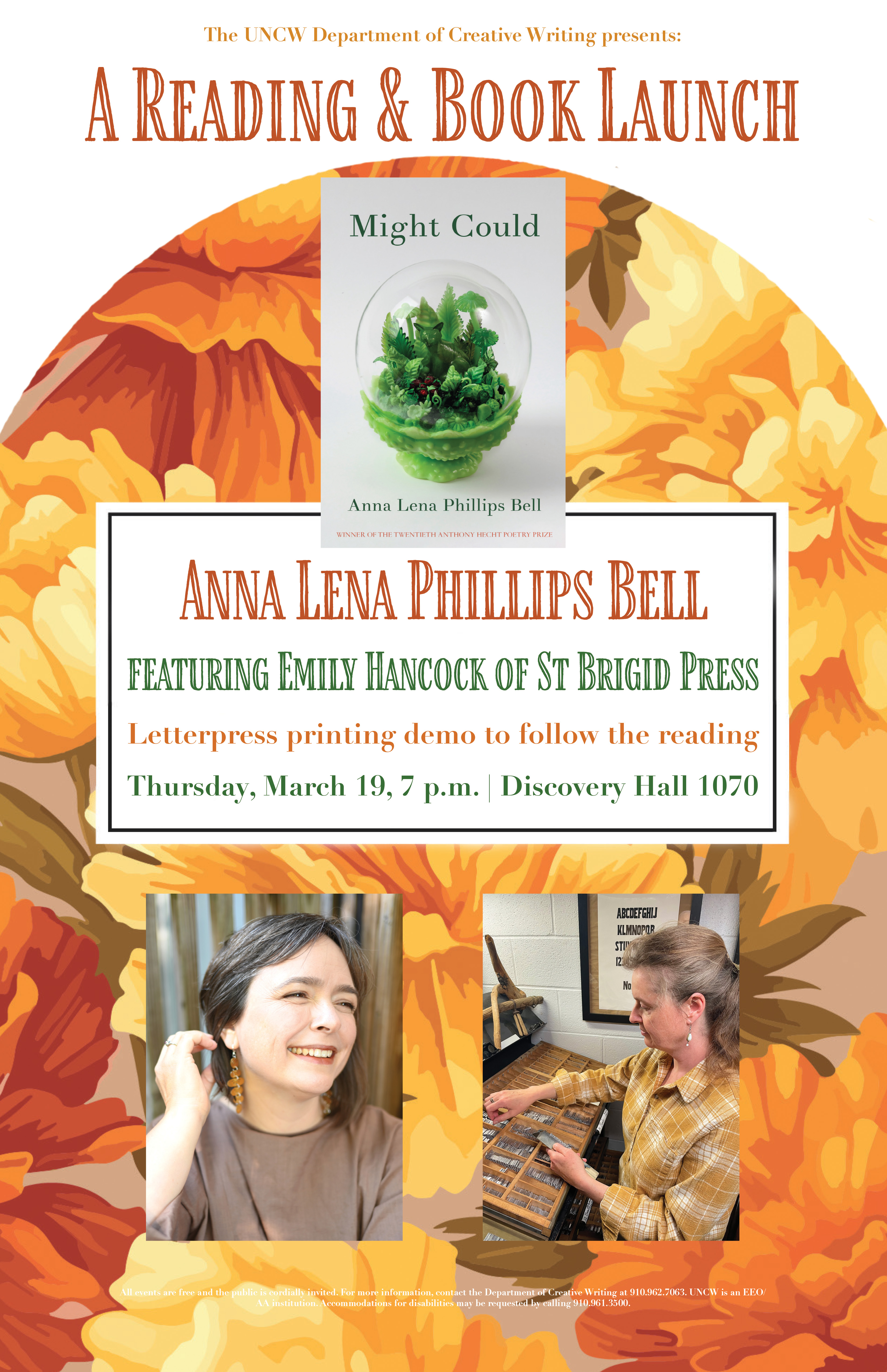 A poster advertising the book launch of Might Could by Anna Lena Phillips Bell, against a backdrop of illustrated marigolds.