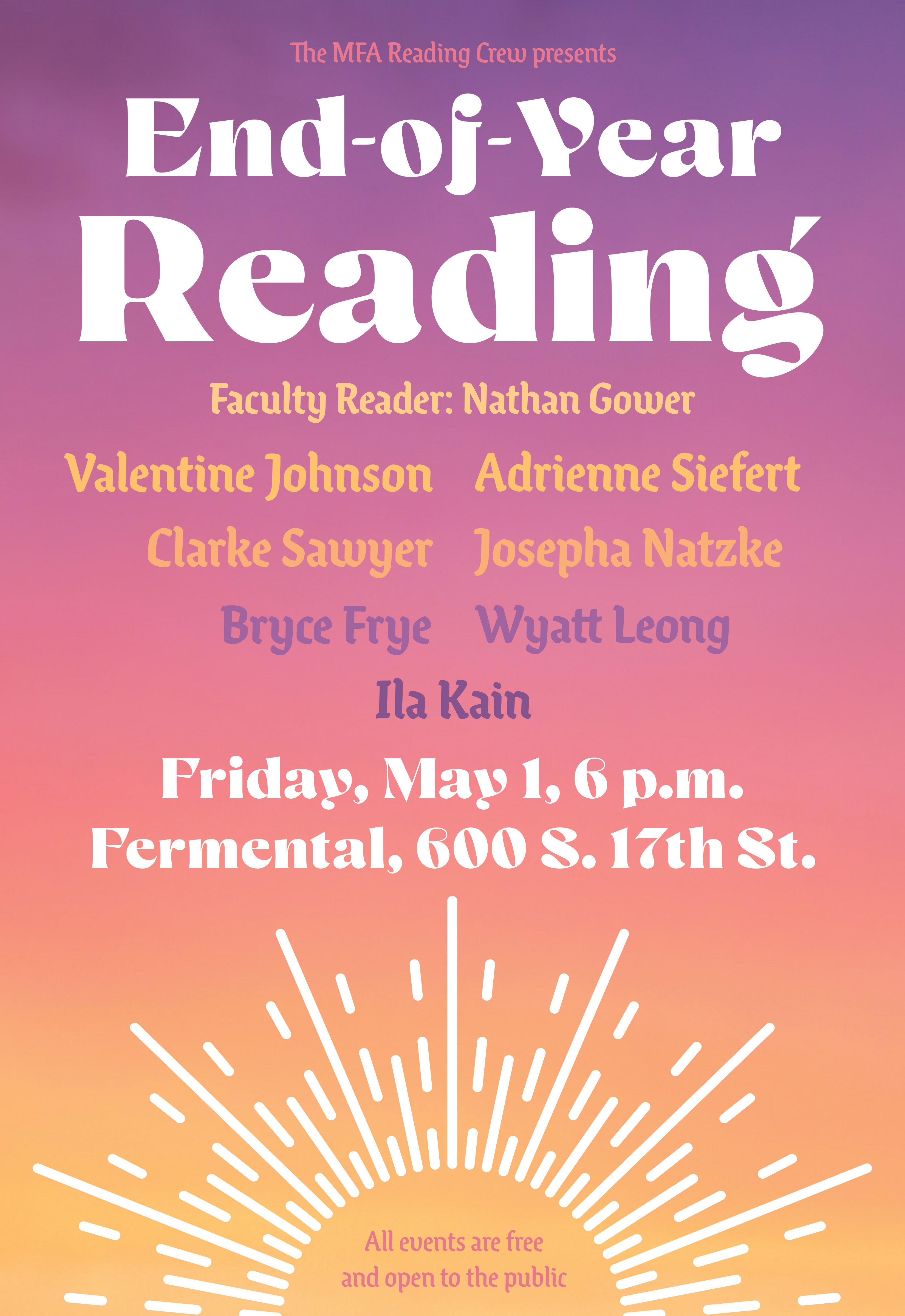 A poster advertising the UNCW end-of-year reading, against a sunset-colored background.