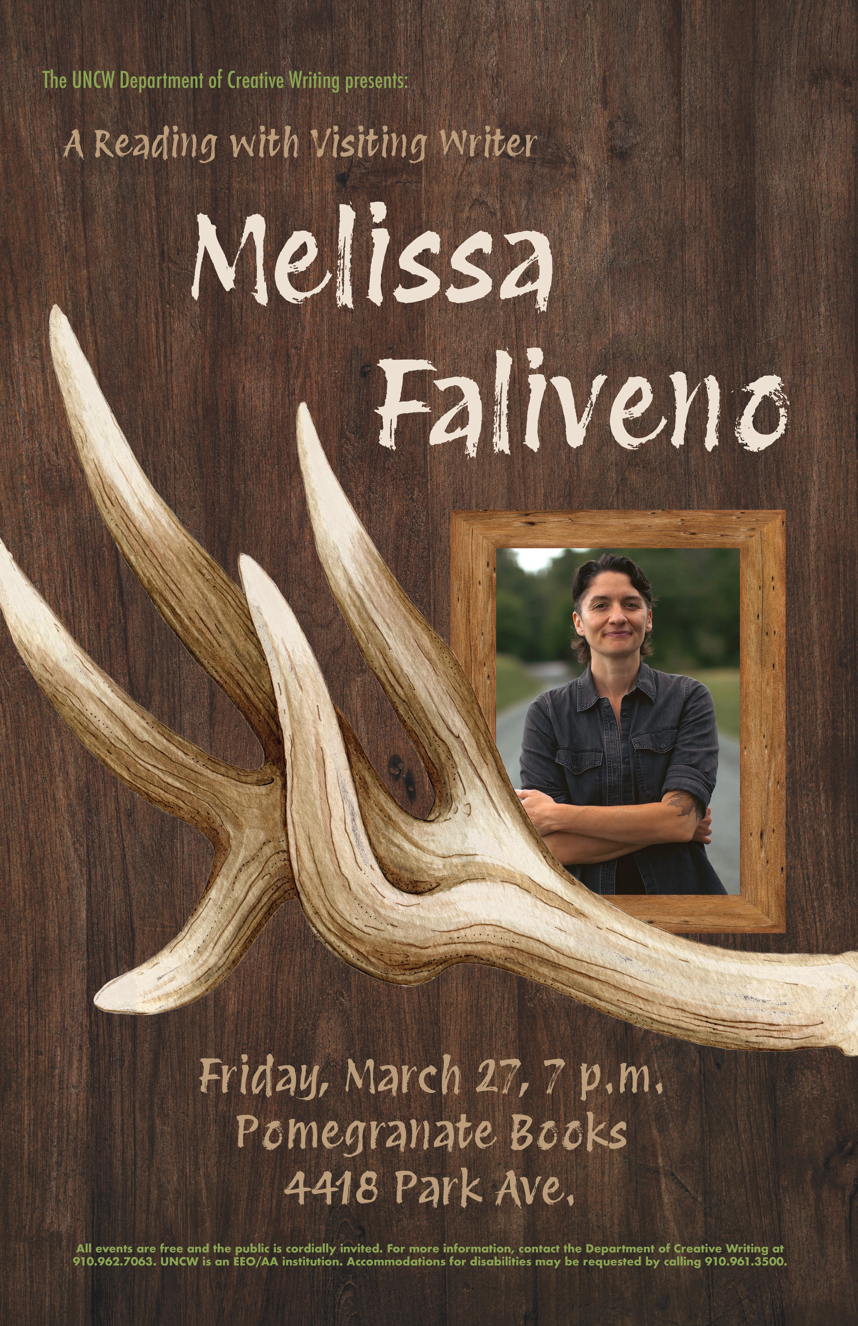 A poster announcing a reading with writer Melissa Faliveno, featuring a wood background and a painted antler.