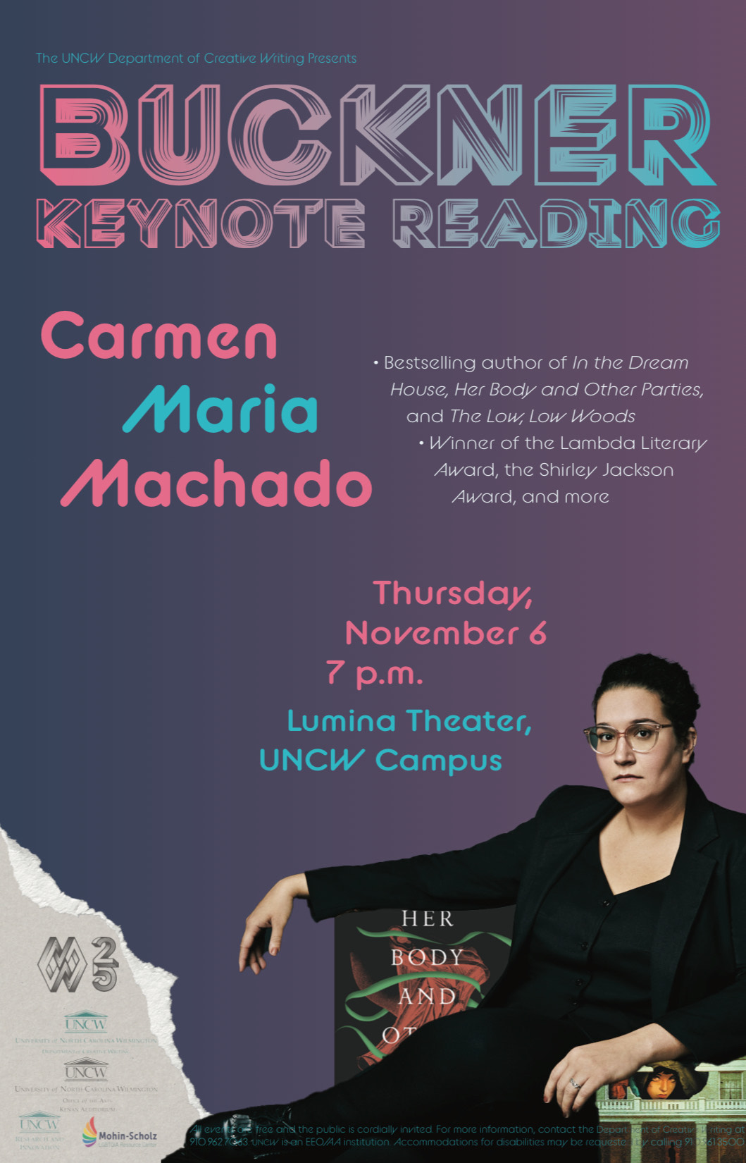 A poster announcing the Buckner Keynote Reading with author Carmen Maria Machado, against a dark purple gradient background.